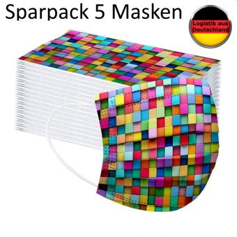 5 St. Alltagsmaske Quadrate Multicolor mit HALTER Mundschutz OP Masken Gesichtsmaske Einweg 3 Lagig 