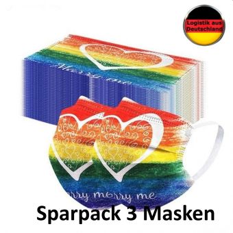 3 Alltagsmasken Valentin Regenbogen Herzen mit HALTER Mundschutz OP Maske Gesichtsmaske Einweg 3 Lagig 