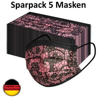 5 Alltagsmasken Spitze Schwarz pink mit HALTER Mundschutz OP Masken Gesichtsmaske Einweg 3 Lagig 