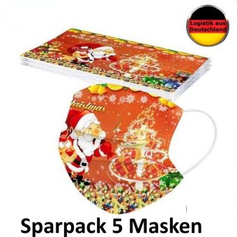 5 Alltagsmasken Santa rot mit HALTER Mundschutz OP Masken Gesichtsmaske Einweg 3 Lagig 