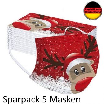 5 St Alltagsmaske WEIHNACHTEN Rudolf ROT mit HALTER Mundschutz OP Masken Gesichtsmaske Einweg 3 Lagig 