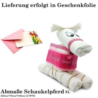 Hilkeys Windeltorte: Schaukelpferd rosa XL mit Karte in Folie - Geschenk Geburt 
