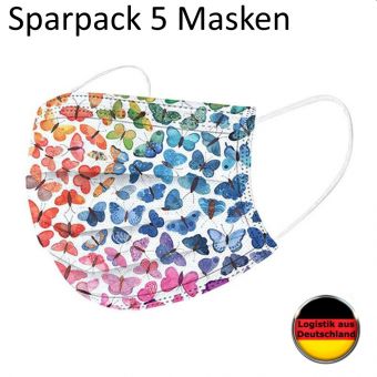 5 St. Alltagsmaske Schmetterling Multicolor mit HALTER Mundschutz OP Masken Gesichtsmaske Einweg 3 Lagig 
