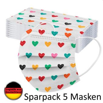 5 St. Alltagsmaske VALENTINSTAG Herzen weiß mit HALTER Mundschutz OP Maske Gesichtsmaske Einweg 3 Lagig 