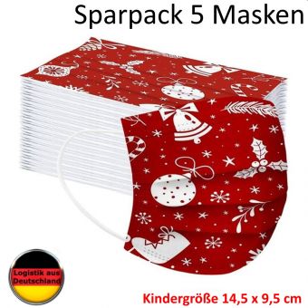 5 Kindermasken Alltagsmaske WEIHNACHTEN rot KIND mit HALTER Mundschutz OP Masken Gesichtsmaske Einweg 3 Lagig 