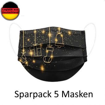 5 St Alltagsmaske WEIHNACHTEN GESCHENKE schwarz mit HALTER Mundschutz OP Maske Gesichtsmaske Einweg 3 Lagig 