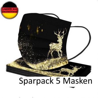 5 Alltagsmasken Weihnachten RECHTER Hirsch schwarz mit HALTER Mundschutz OP Maske Gesichtsmaske Einweg 3 Lagig 