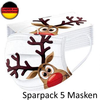 5 St Alltagsmaske Weihnachten Rudolf WEISS mit HALTER Mundschutz OP Masken Gesichtsmaske Einweg 3 Lagig 