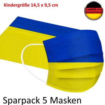 5 Kinder Alltagsmasken Ukraine blau gelb mit HALTER Mundschutz OP Masken Gesichtsmaske Einweg 3 Lagig 