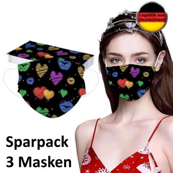 3 Alltagsmasken Valentinstag schwarz bunt mit HALTER Mundschutz OP Maske Gesichtsmaske Einweg 3 Lagig 