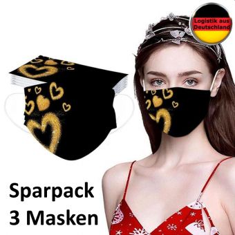 3 Alltagsmasken Valentinstag Herz Seite schwarz mit Halter Mundschutz OP Maske Gesichtsmaske Einweg 3 Lagig 