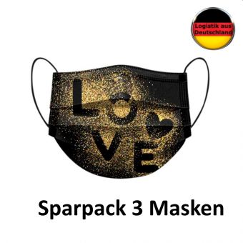 3 Alltagsmasken Valentinstag LOVE schwarz mit Halter Mundschutz OP Maske Gesichtsmaske Einweg 3 Lagig 