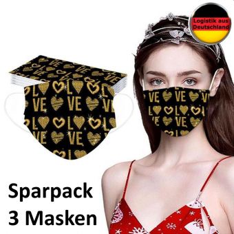 3 Alltagsmasken Valentinstag schwarz Text mit HALTER Mundschutz OP Maske Gesichtsmaske Einweg 3 Lagig 