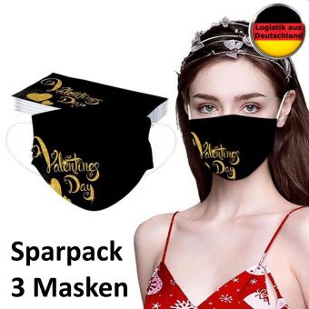 3 Alltagsmasken Valentin schwarz SCHRIFT mit HALTER Mundschutz OP Maske Gesichtsmaske Einweg 3 Lagig 